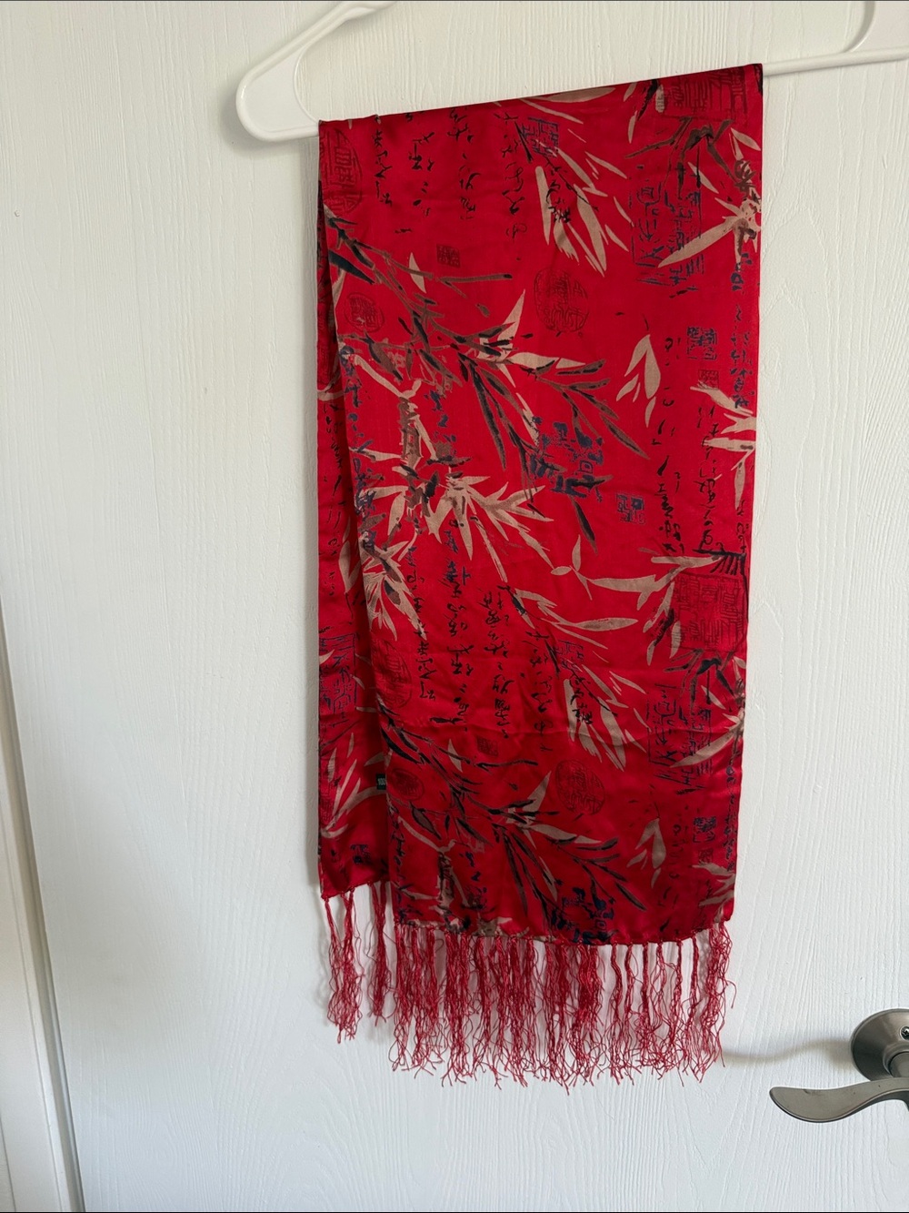 100% Silk-Red Floral Silk Scarf with Fringe